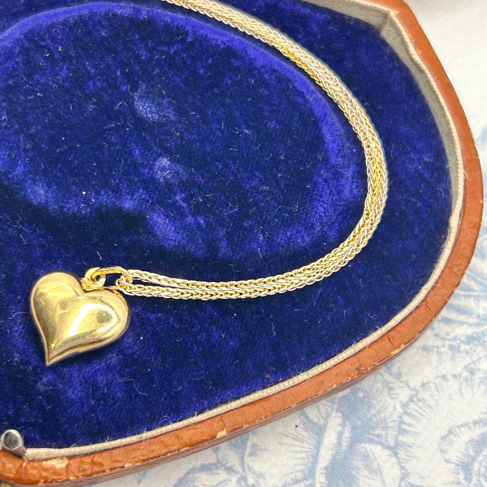 Vintage 18ct Gold Puffy Heart Pendant with Two-Toned Foxtail Chain