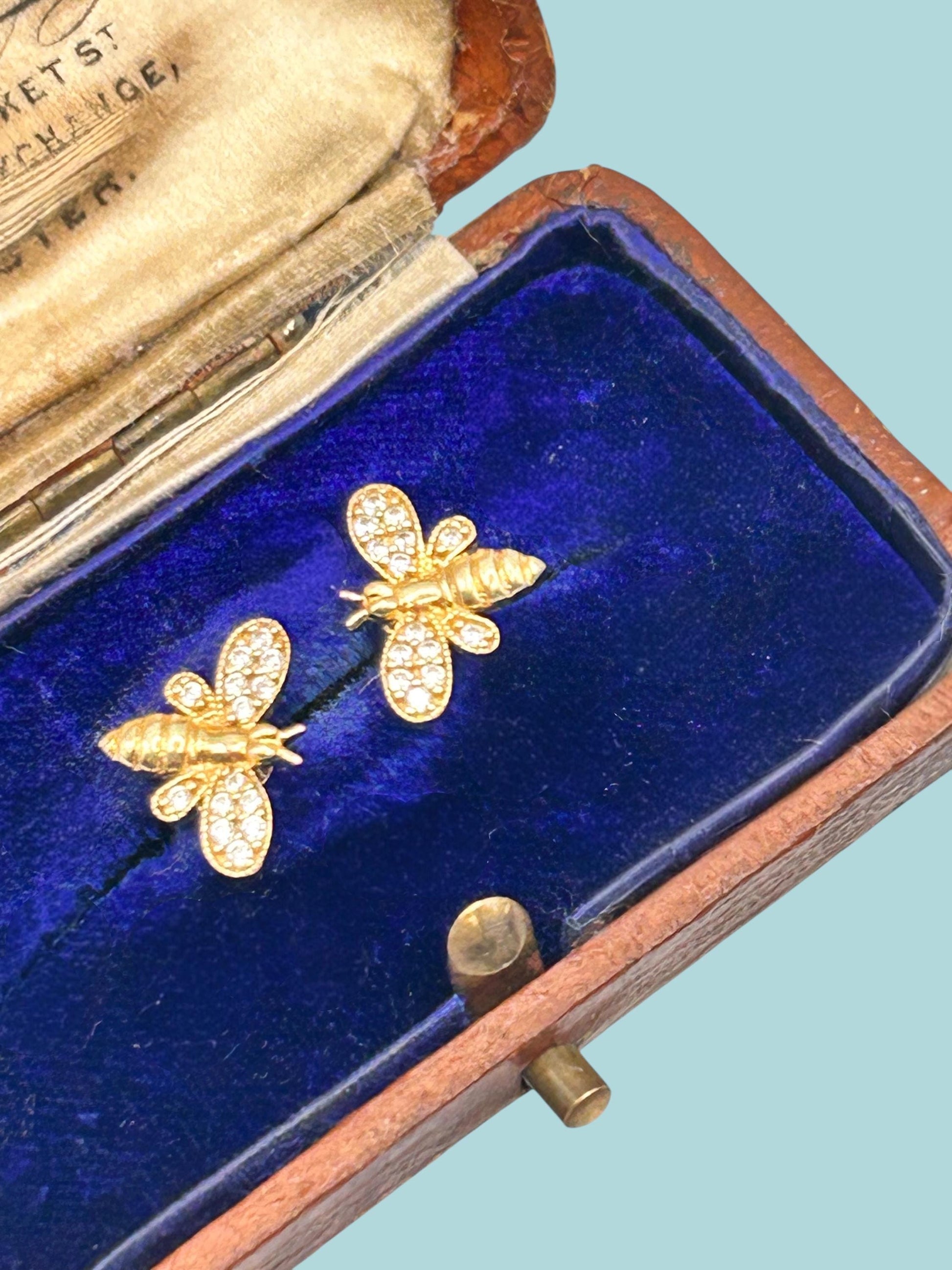 Vintage 18ct Gold Earrings Bee Studs White Stones - Insect Jewellery