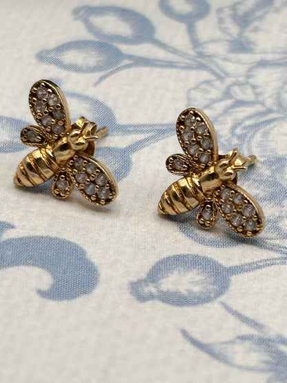 Vintage 18ct Gold Earrings Bee Studs White Stones - Insect Jewellery