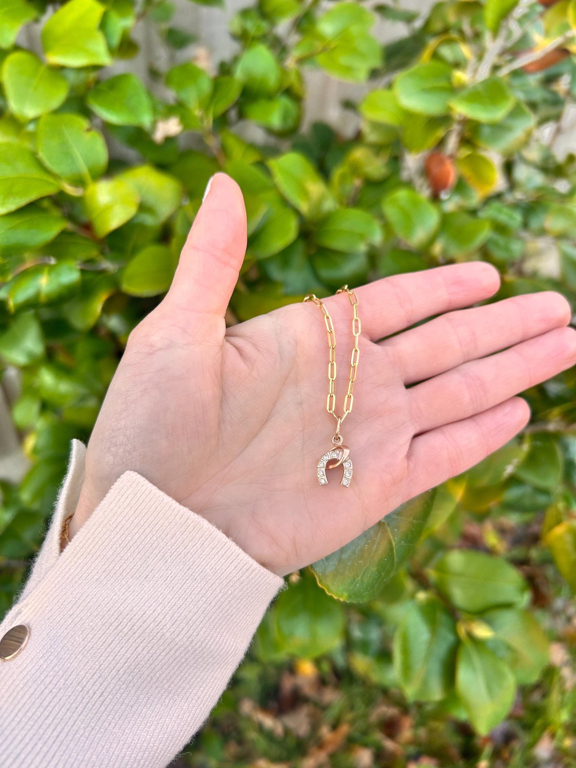 Vintage 14ct Gold Horseshoe and Whip White Gem Charm Jewellery - Equestrian Gift