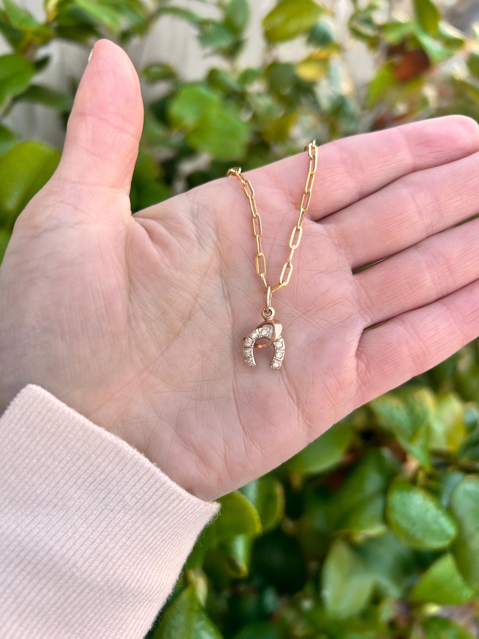 Vintage 14ct Gold Horseshoe and Whip White Gem Charm Jewellery - Equestrian Gift