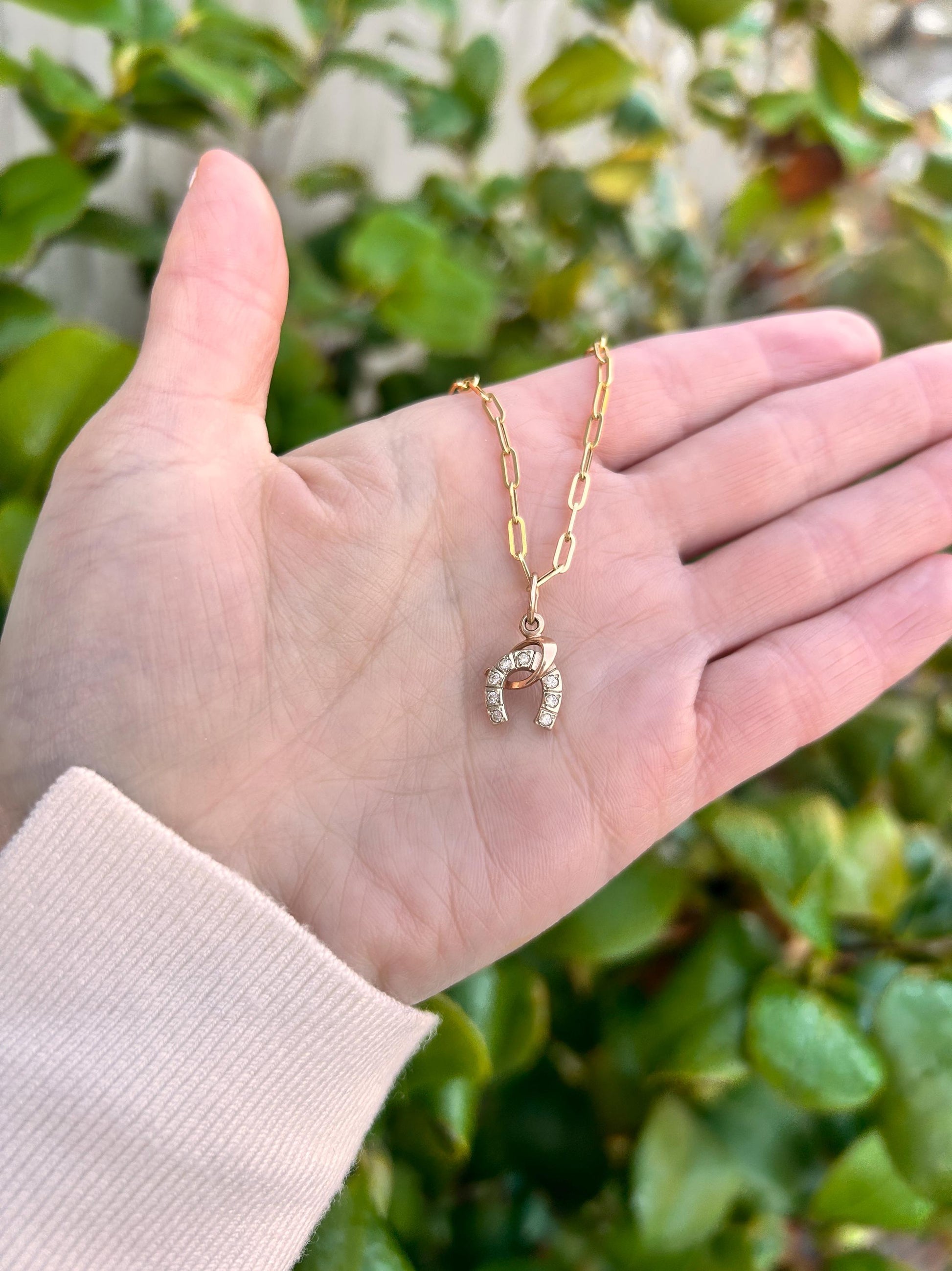 Vintage 14ct Gold Horseshoe and Whip White Gem Charm Jewellery - Equestrian Gift