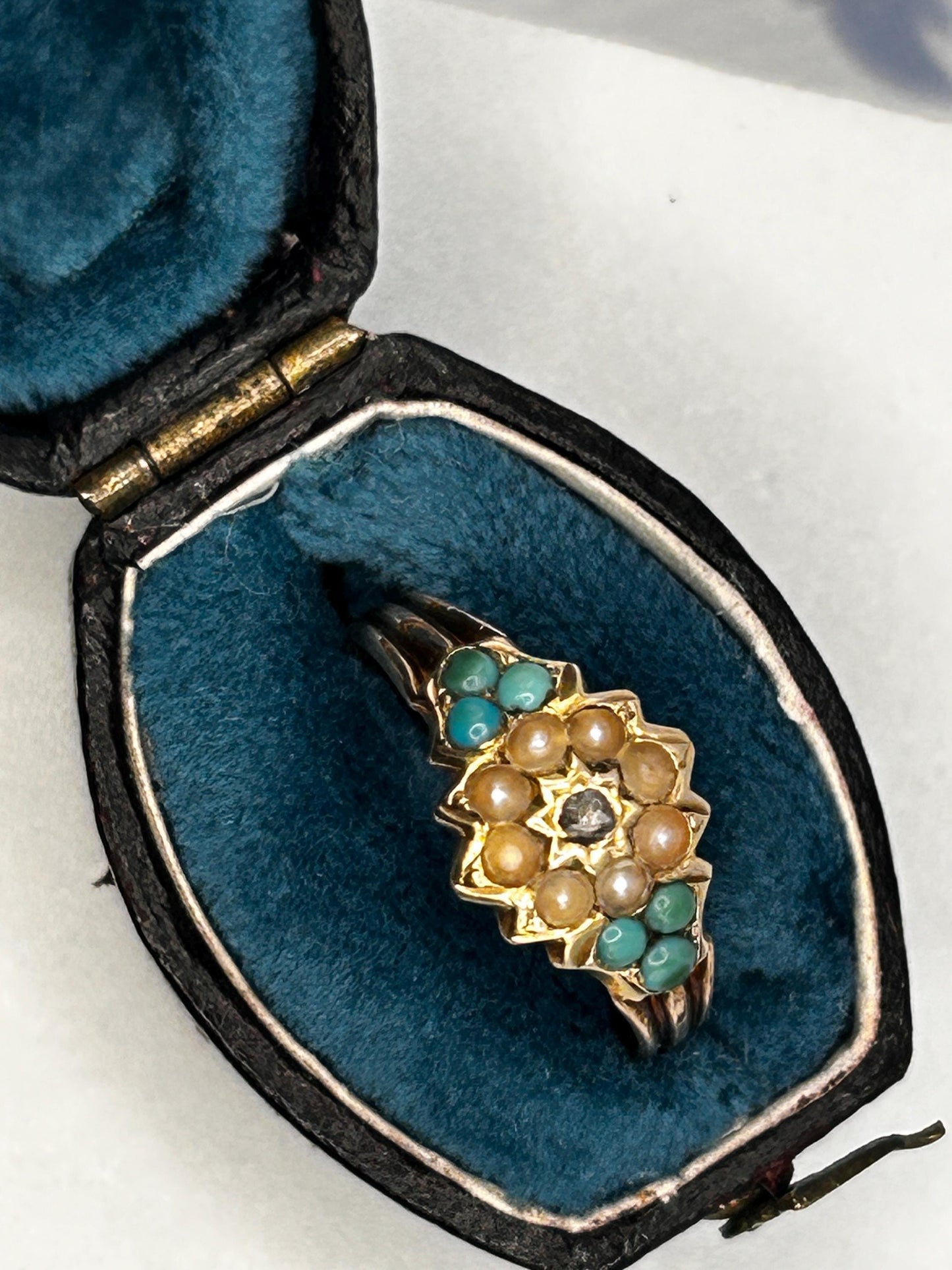 Antique - Rare Victorian 15ct Gold Turquoise and Seed Pearl Rose Cut Diamond Dainty Star Ring