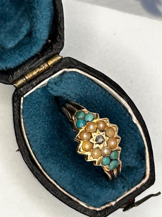 Antique - Rare Victorian 15ct Gold Turquoise and Seed Pearl Rose Cut Diamond Dainty Star Ring