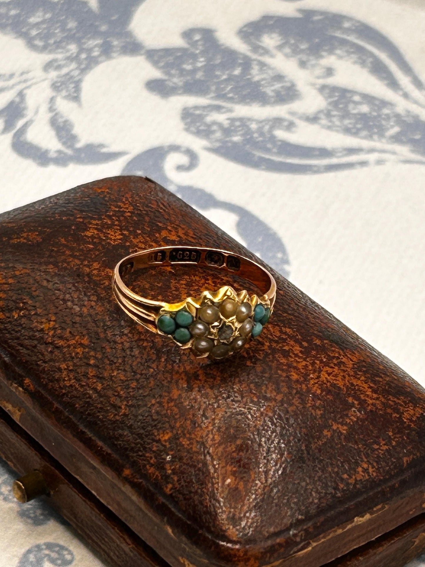 Antique - Rare Victorian 15ct Gold Turquoise and Seed Pearl Rose Cut Diamond Dainty Star Ring