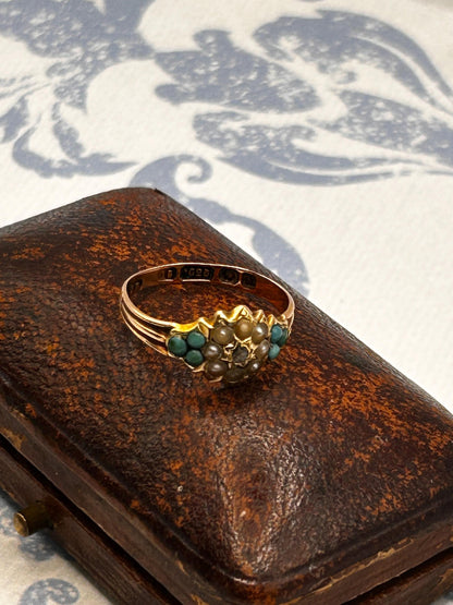 Antique - Rare Victorian 15ct Gold Turquoise and Seed Pearl Rose Cut Diamond Dainty Star Ring