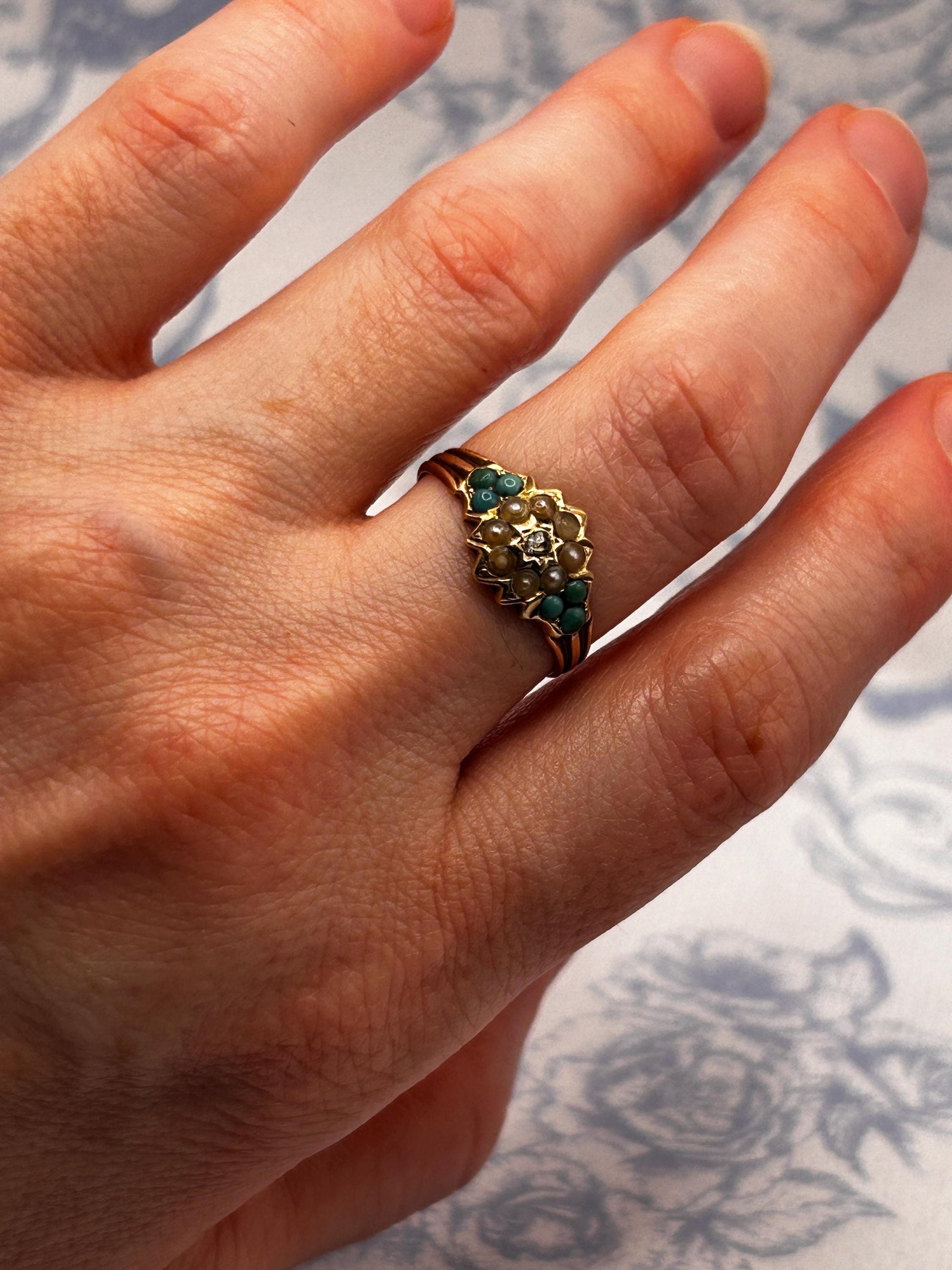 Antique - Rare Victorian 15ct Gold Turquoise and Seed Pearl Rose Cut Diamond Dainty Star Ring