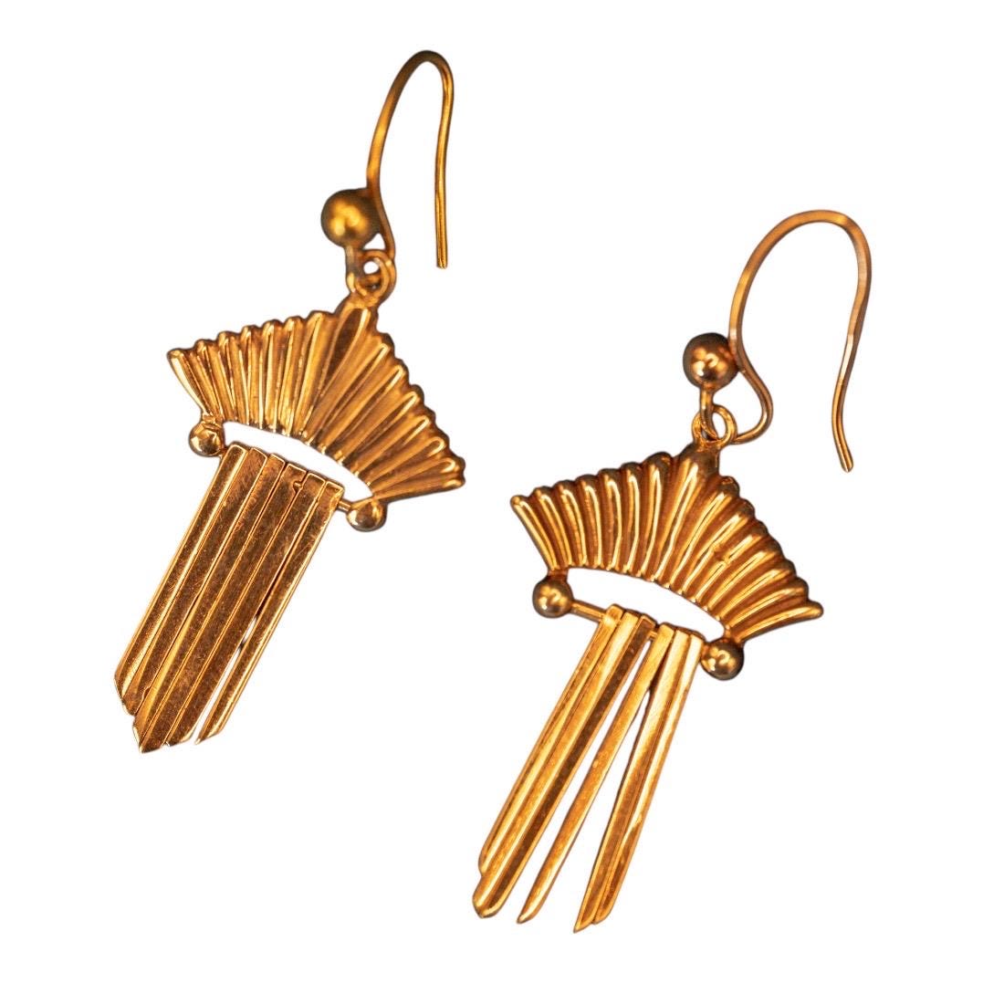 Vintage 1960s 9ct Yellow Gold Drop Earrings - Art Deco Style