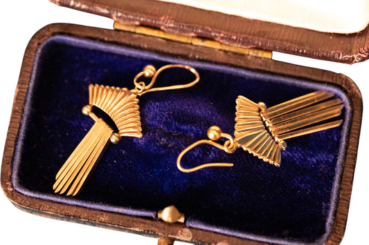 Vintage 1960s 9ct Yellow Gold Drop Earrings - Art Deco Style