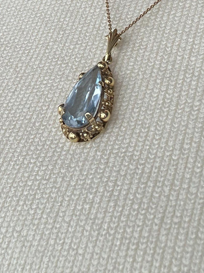 Vintage Mid-Century 14ct Gold Large Aquamarine Pendant with Chain