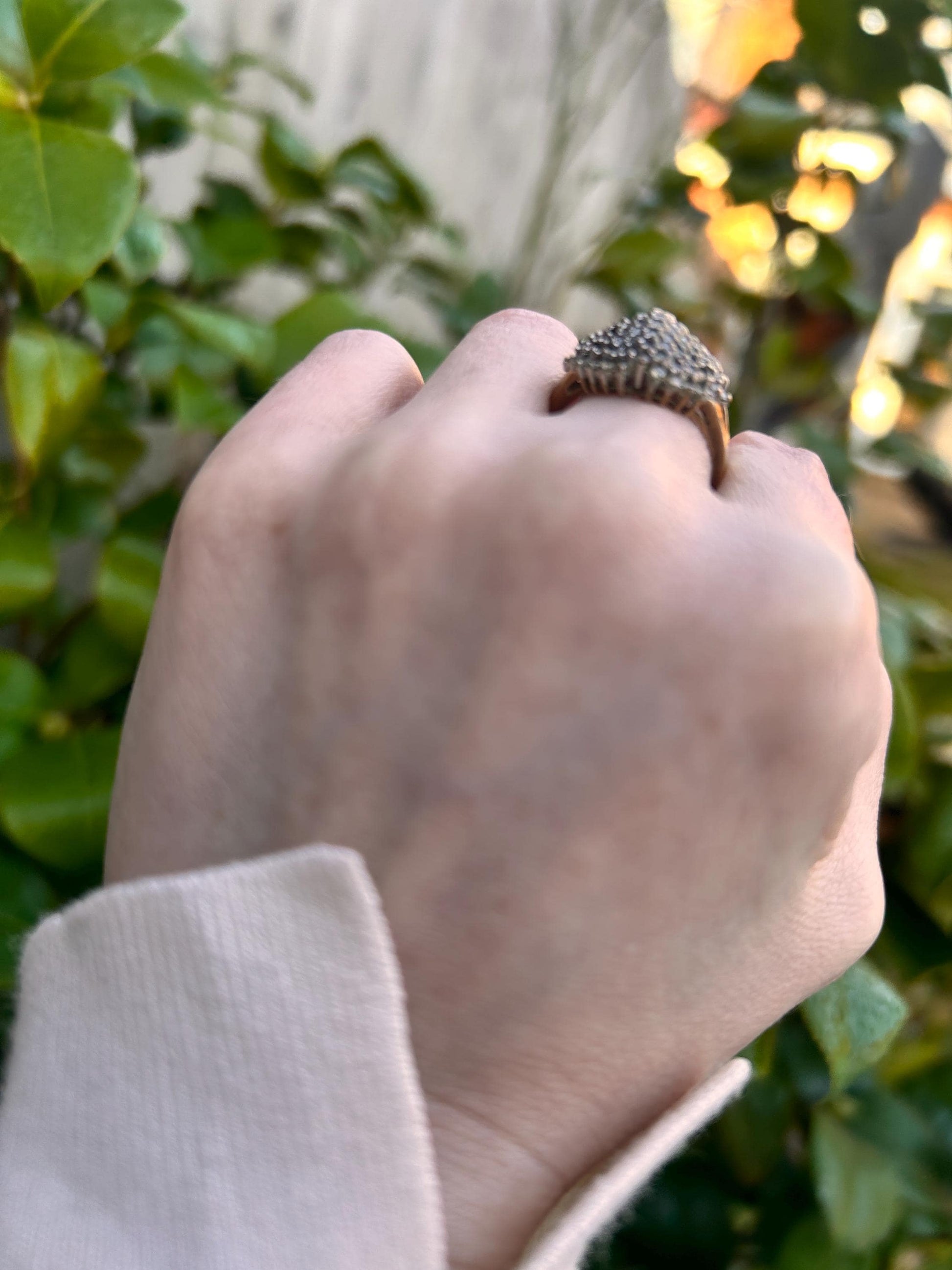 Vintage 9ct Gold Champaign Diamond Bomb Cluster Size N 1/2 - US 7 - Statement Jewelry
