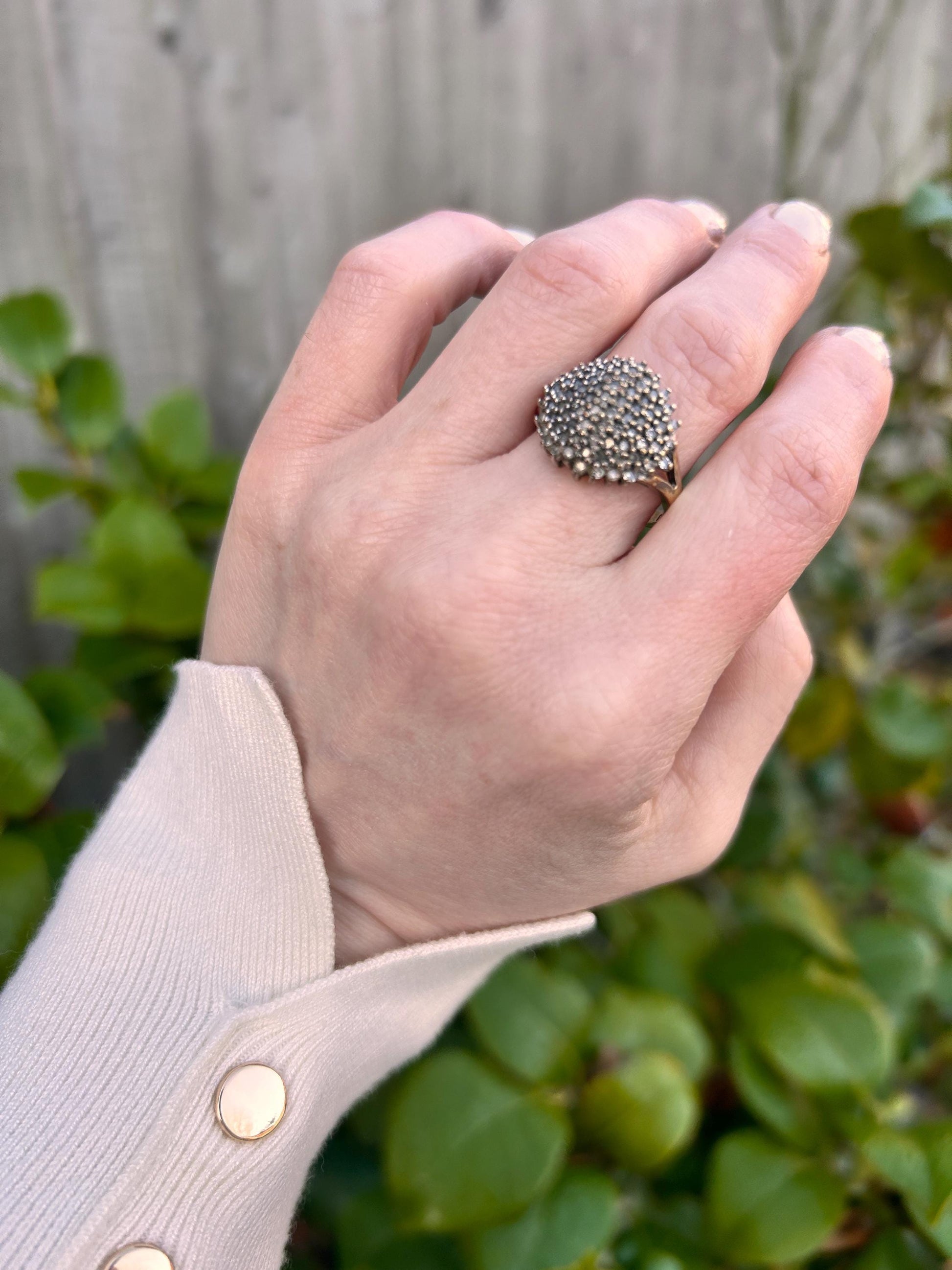 Vintage 9ct Gold Champaign Diamond Bomb Cluster Size N 1/2 - US 7 - Statement Jewelry