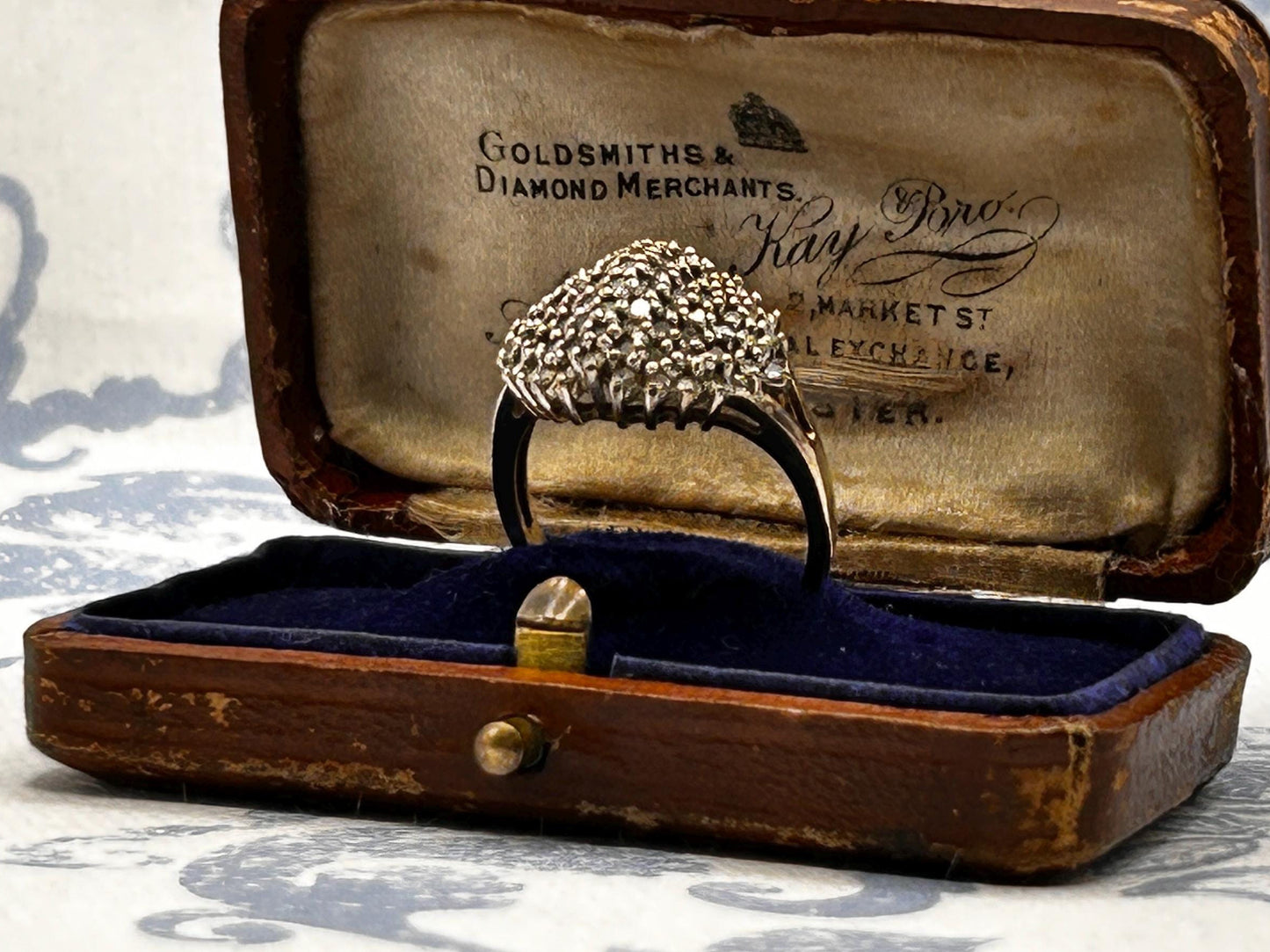 Vintage 9ct Gold Champaign Diamond Bomb Cluster Size N 1/2 - US 7 - Statement Jewelry