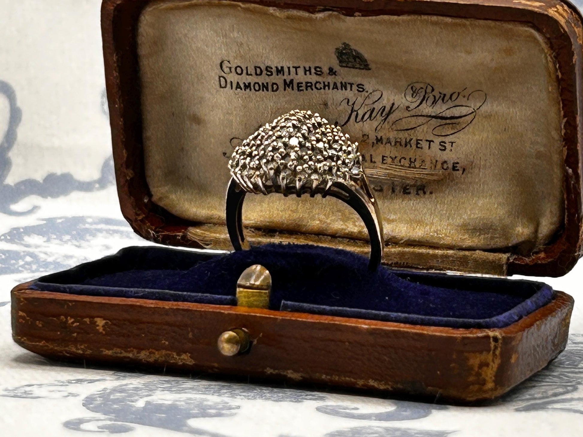 Vintage 9ct Gold Champaign Diamond Bomb Cluster Size N 1/2 - US 7 - Statement Jewelry