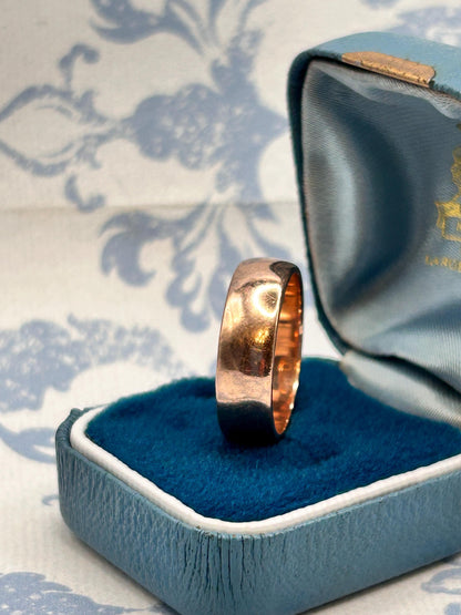 Edwardian Rose Gold 9ct Wide Wedding Band 7mm Wide / Antique Band England Old English Jewellery Size R - US 9