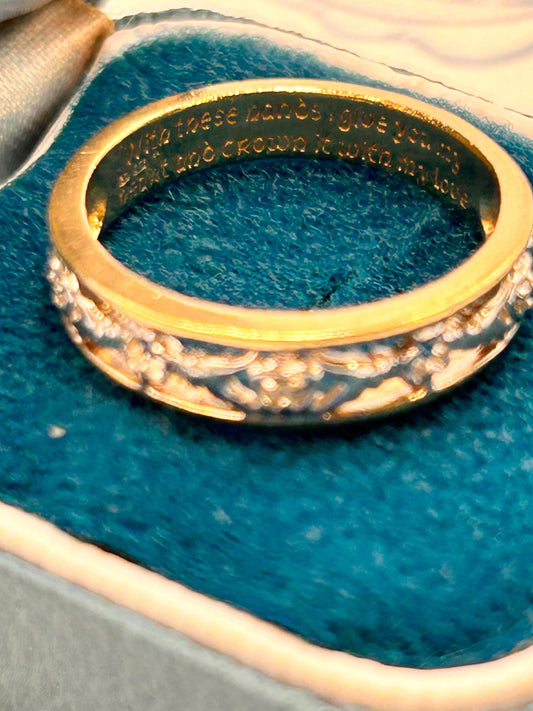 Vintage 9ct Claddagh Heart Ring yellow and white gold Diamond 9ct Gold with inscription. Ring Size N / US 7