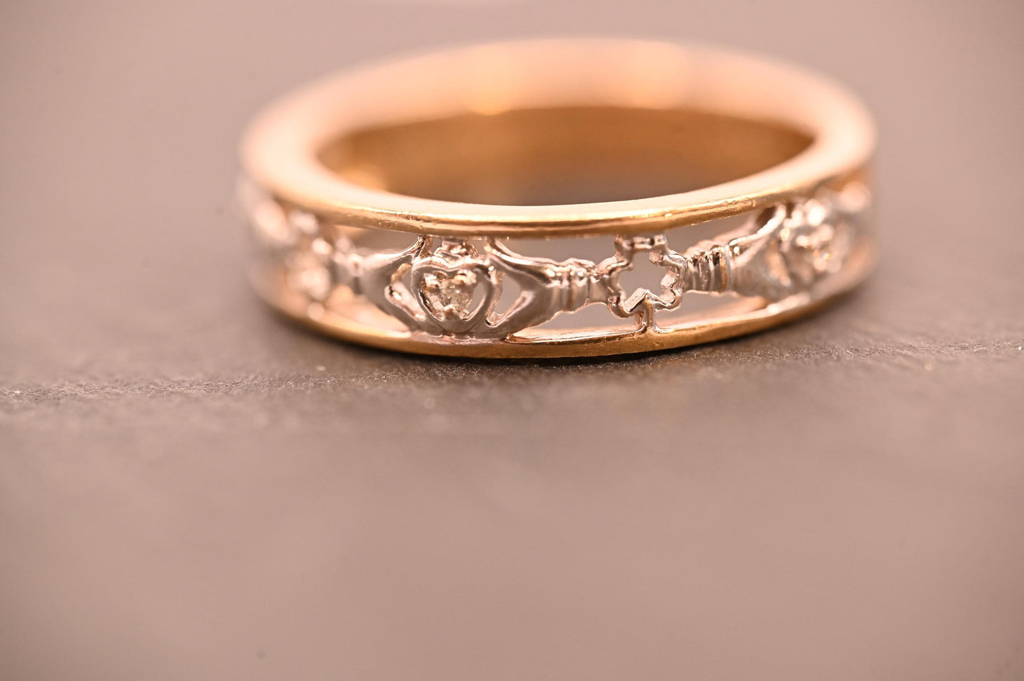 Vintage 9ct Claddagh Heart Ring yellow and white gold Diamond 9ct Gold with inscription. Ring Size N / US 7