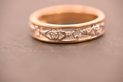 Vintage 9ct Claddagh Heart Ring yellow and white gold Diamond 9ct Gold with inscription. Ring Size N / US 7