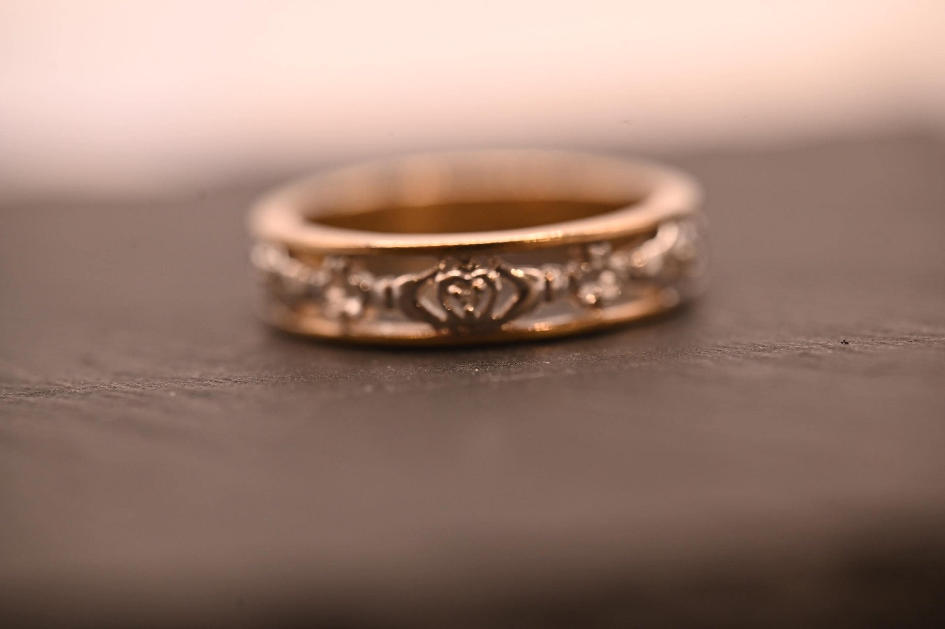 Vintage 9ct Cladagh Heart Ring yellow and white gold Diamond 9ct Gold with inscription. Ring Size N / US 7