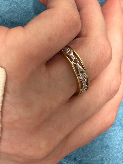Vintage 9ct Claddagh Heart Ring yellow and white gold Diamond 9ct Gold with inscription. Ring Size N / US 7
