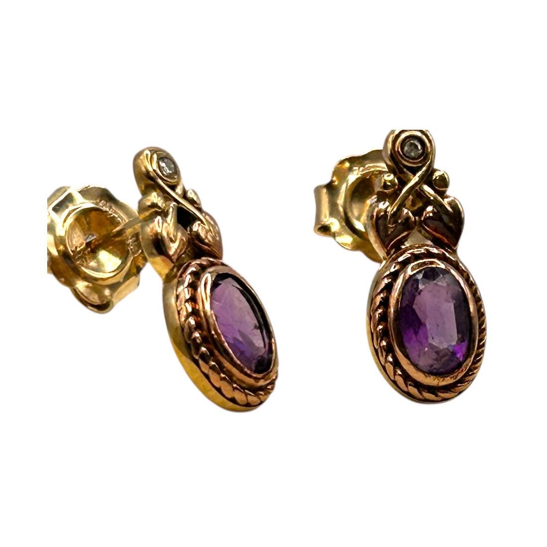 Vintage Clogau 9ct Gold Amethyst and Diamond Stud earrings - Pretty Everyday Earrings Dainty Jewellery February