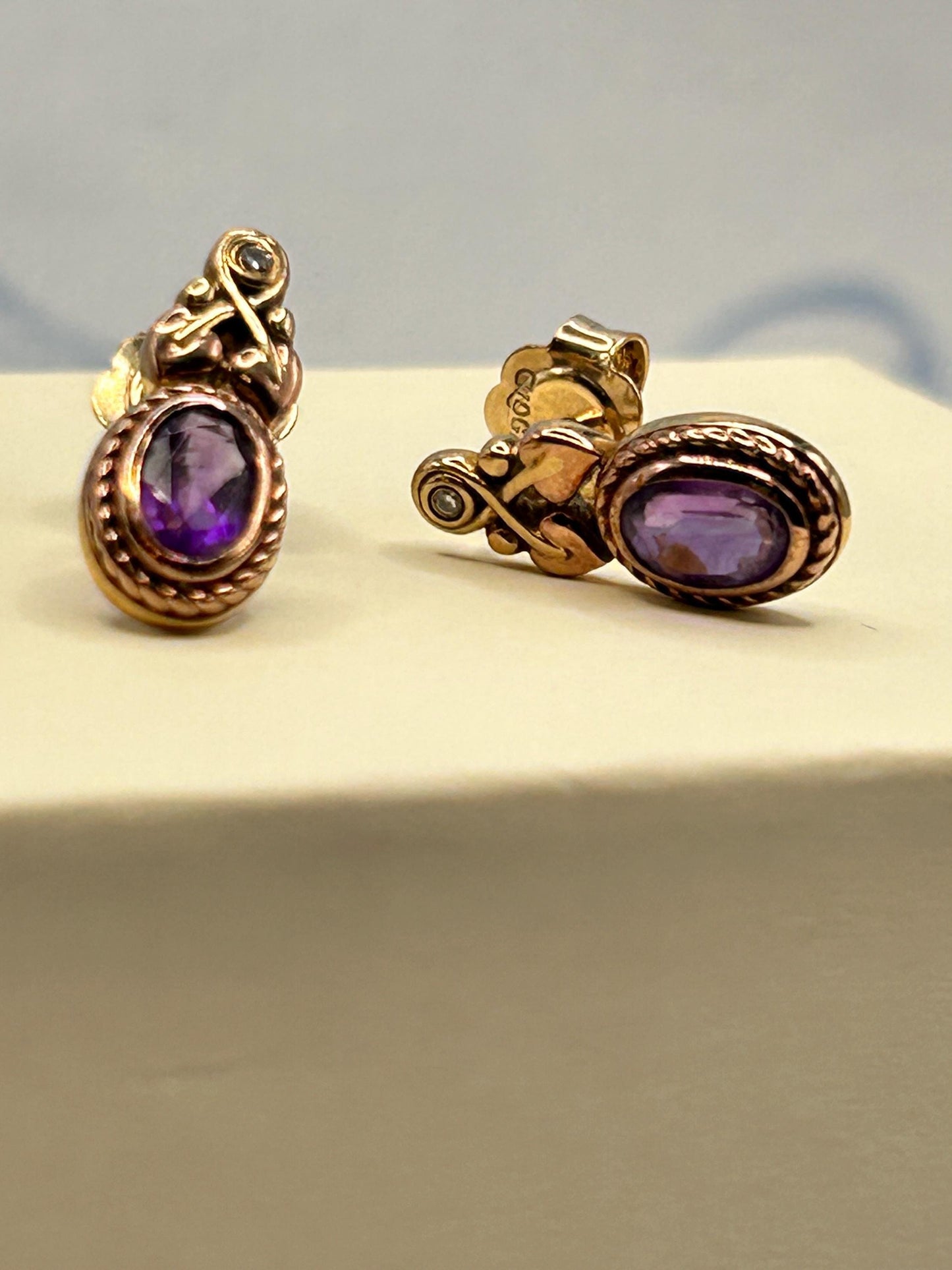 Vintage Clogau 9ct Gold Amethyst and Diamond Stud earrings - Pretty Everyday Earrings Dainty Jewellery February