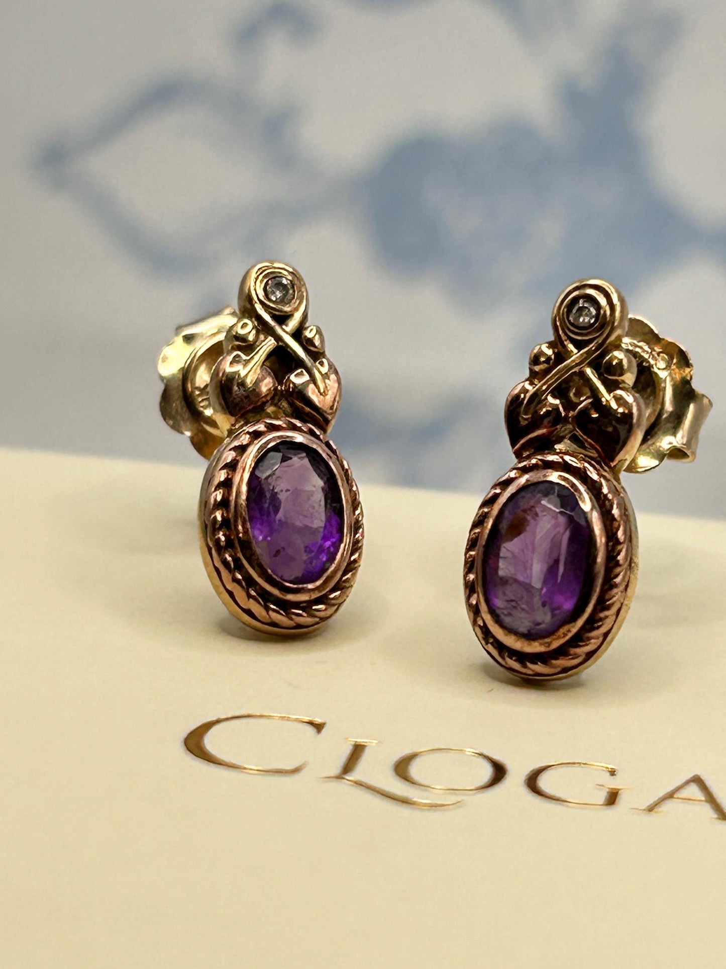Vintage Clogau 9ct Gold Amethyst and Diamond Stud earrings - Pretty Everyday Earrings Dainty Jewellery February