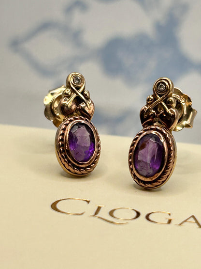 Vintage Clogau 9ct Gold Amethyst and Diamond Stud earrings - Pretty Everyday Earrings Dainty Jewellery February
