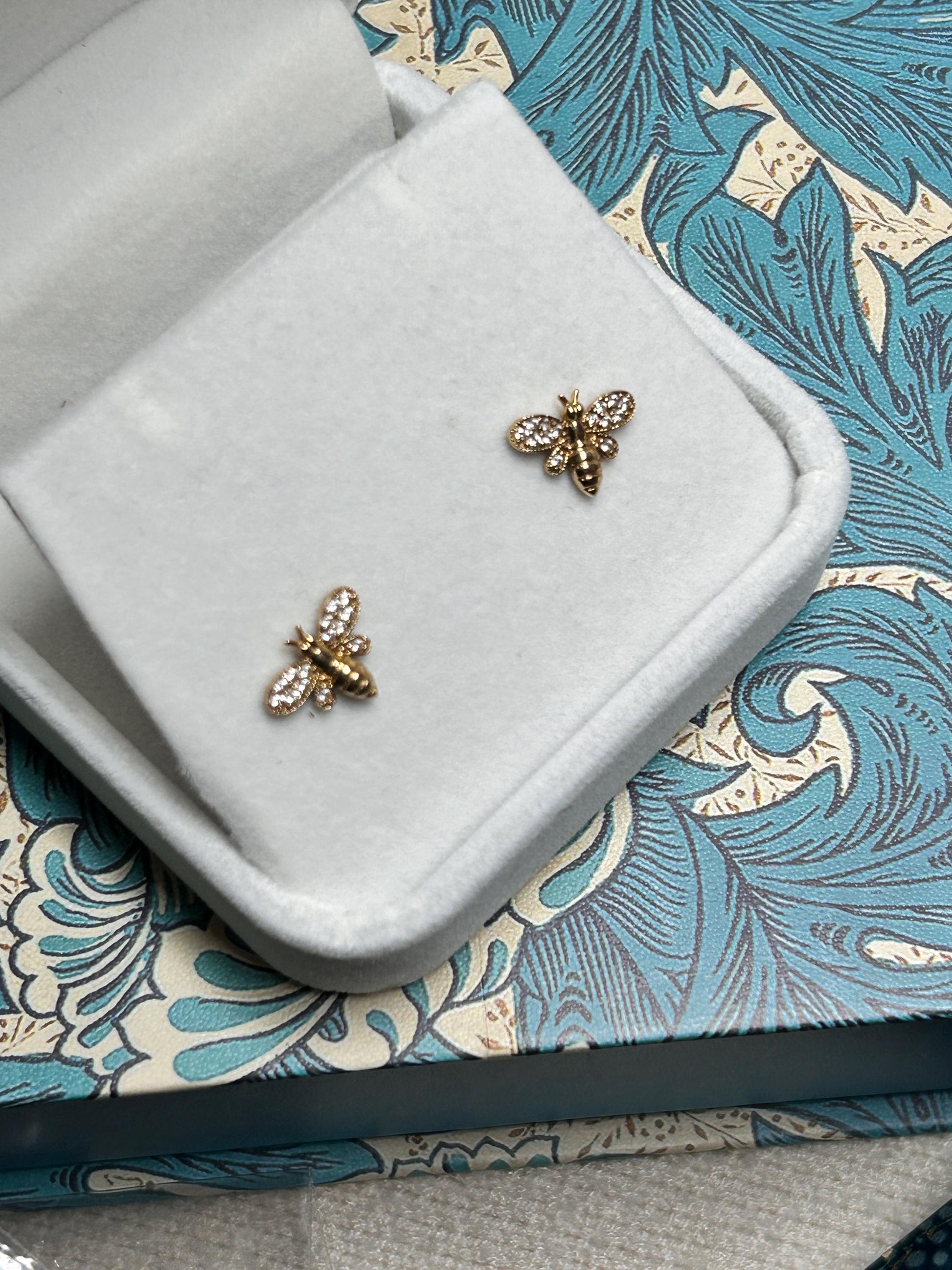Vintage 18ct Gold Earrings Bee Studs White Stones - Insect Jewellery