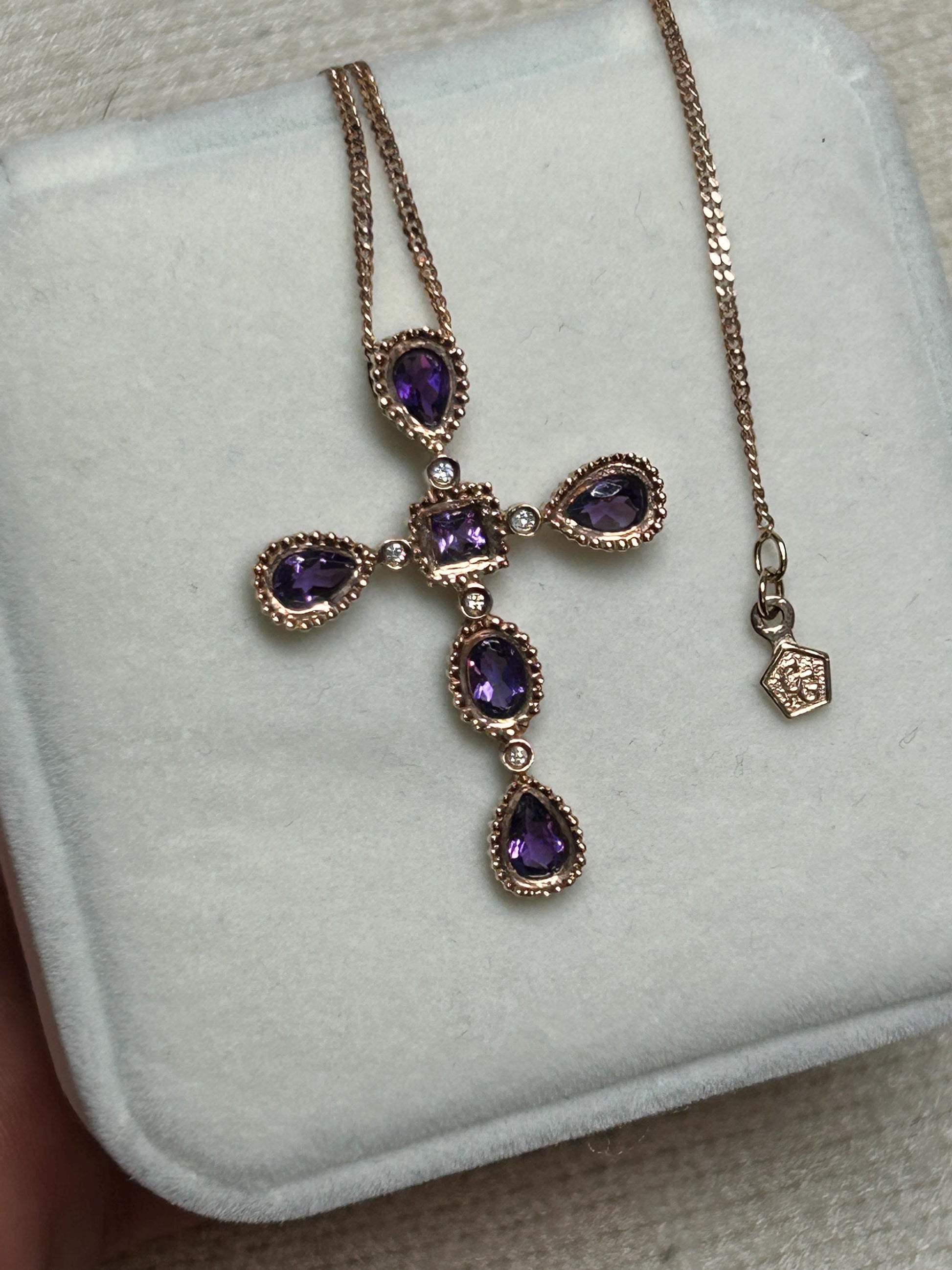 Vintage Clogau 9ct Rose Gold Amethyst and Diamond Cross Necklace with Chain - Christening Gift/ Christmas Jewelry