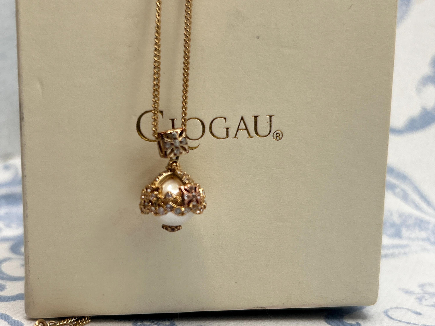 Vintage Clogau 9ct Gold Pearl and Diamond Crowned Pendant with Chain - Welsh Gold Heirloom Estate Jewelry