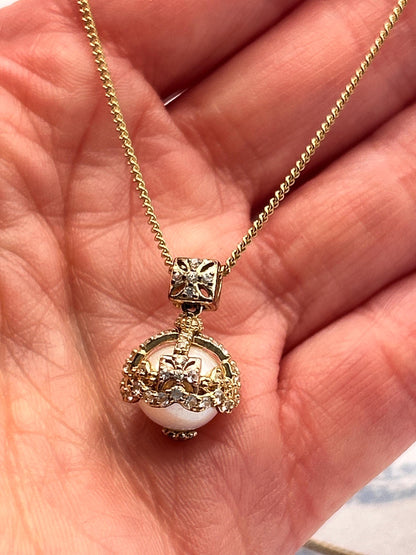 Vintage Clogau 9ct Gold Pearl and Diamond Crowned Pendant with Chain - Welsh Gold Heirloom Estate Jewelry