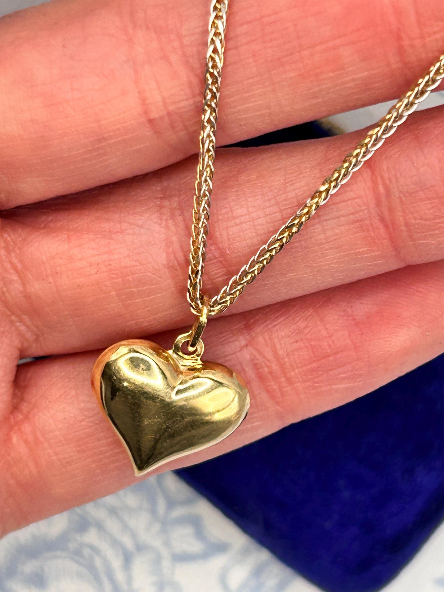 Vintage 18ct Gold Puffy Heart Pendant with Two-Toned Foxtail Chain