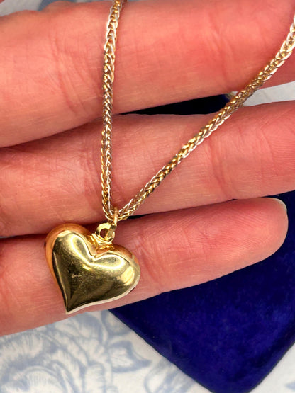 Vintage 18ct Gold Puffy Heart Pendant with Two-Toned Foxtail Chain