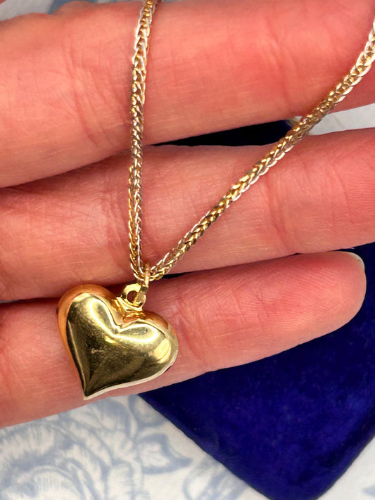 Vintage 18ct Gold Puffy Heart Pendant with Two-Toned Foxtail Chain