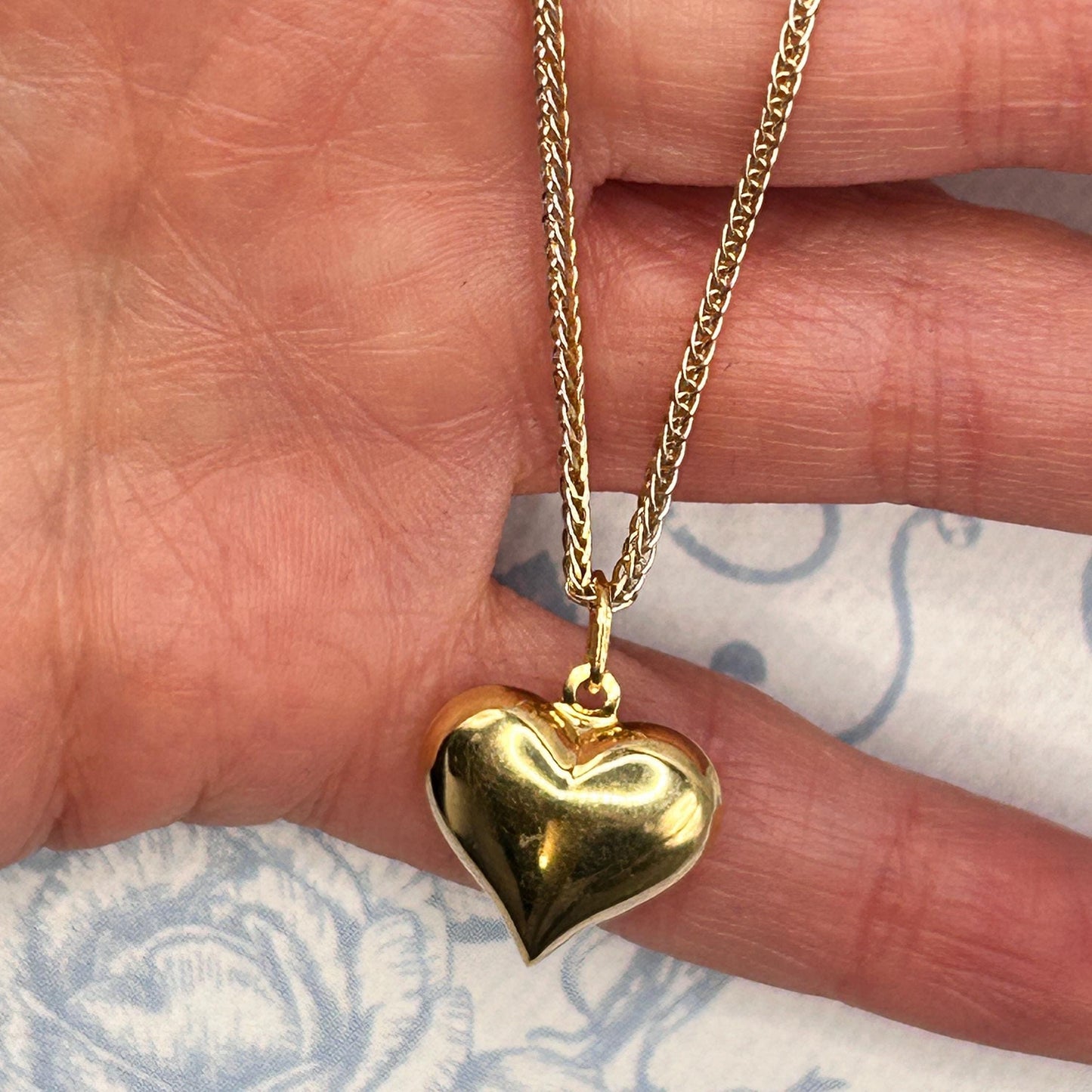 Vintage 18ct Gold Puffy Heart Pendant with Two-Toned Foxtail Chain