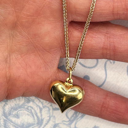 Vintage 18ct Gold Puffy Heart Pendant with Two-Toned Foxtail Chain