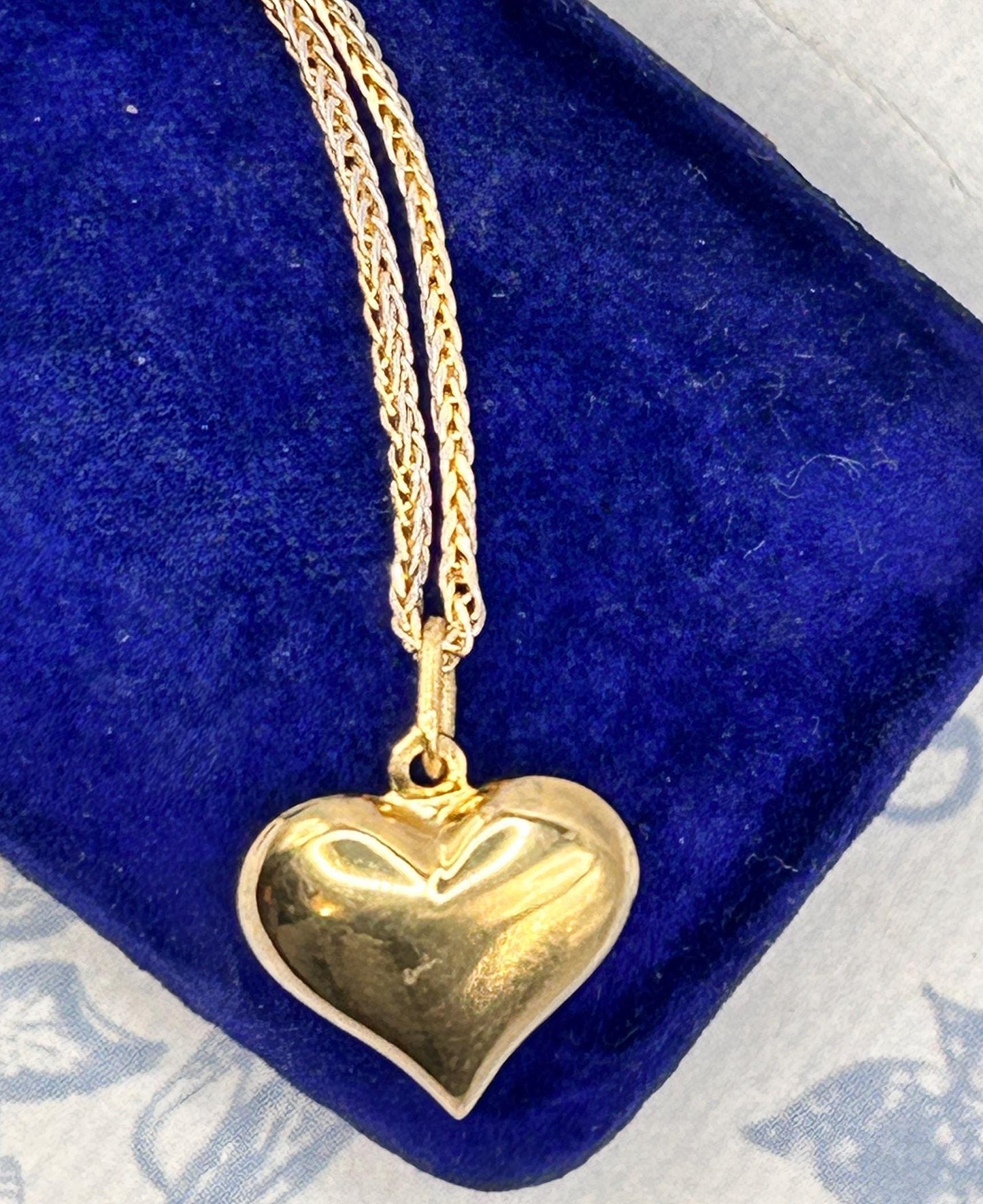 Vintage 18ct Gold Puffy Heart Pendant with Two-Toned Foxtail Chain