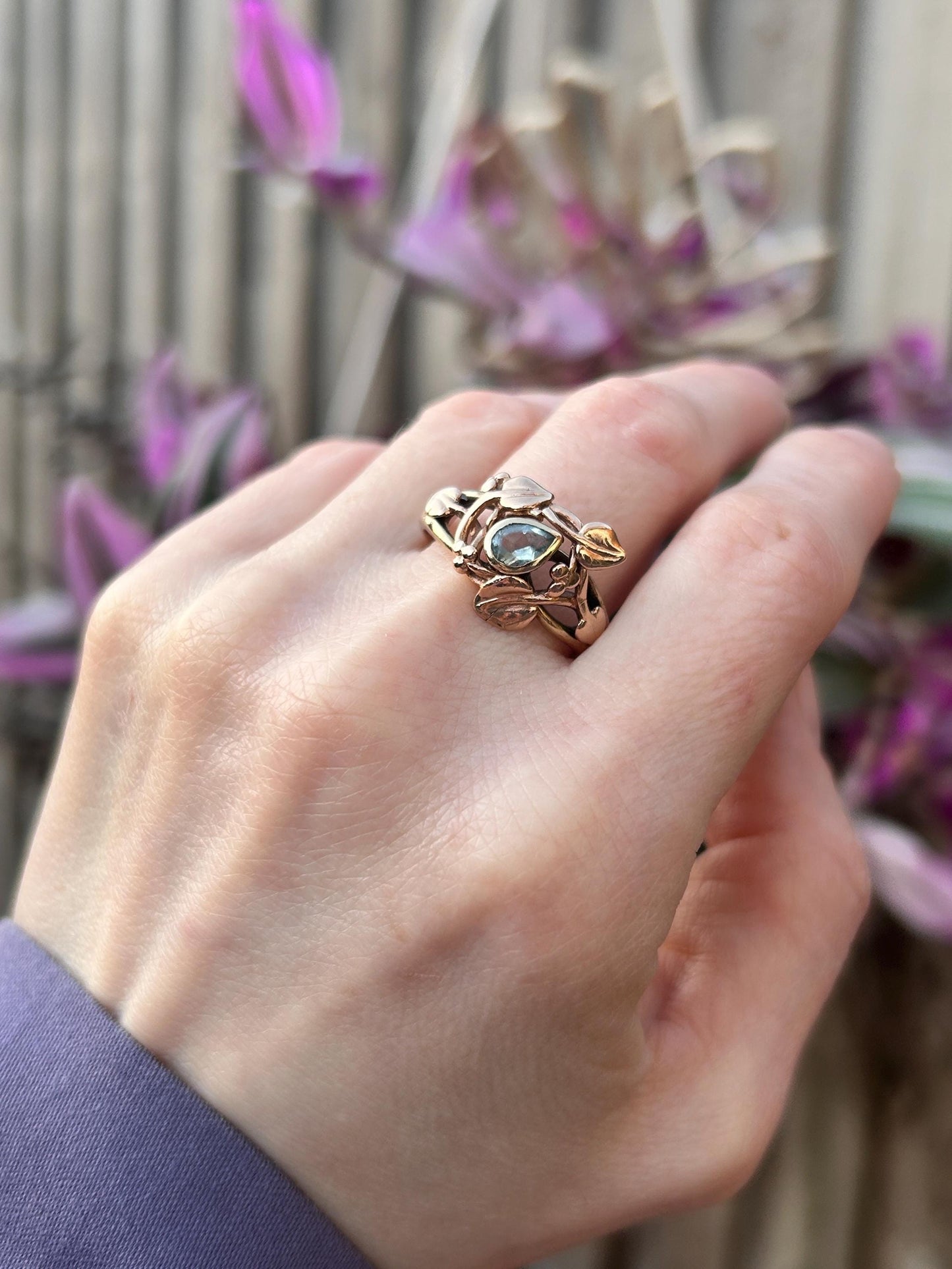 Vintage Clogau 9ct Gold Aquamarine Tree of Life Two Toned Ring Size O / 7.5