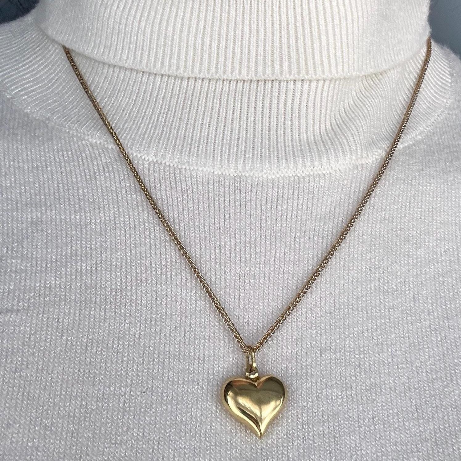 Vintage 18ct Gold Puffy Heart Pendant with Two-Toned Foxtail Chain