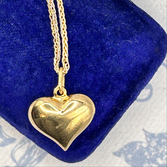 Vintage 18ct Gold Puffy Heart Pendant with Two-Toned Foxtail Chain