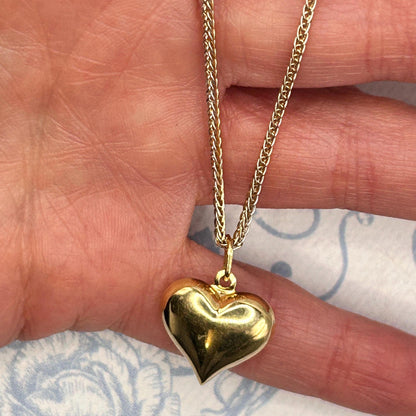Vintage 18ct Gold Puffy Heart Pendant with Two-Toned Foxtail Chain