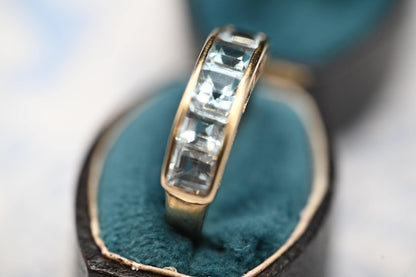 Vintage Statement 9 ct Gold Blue Topaz Eternity Cocktail Ring, Stack Band Jewellery Size UK J US 5