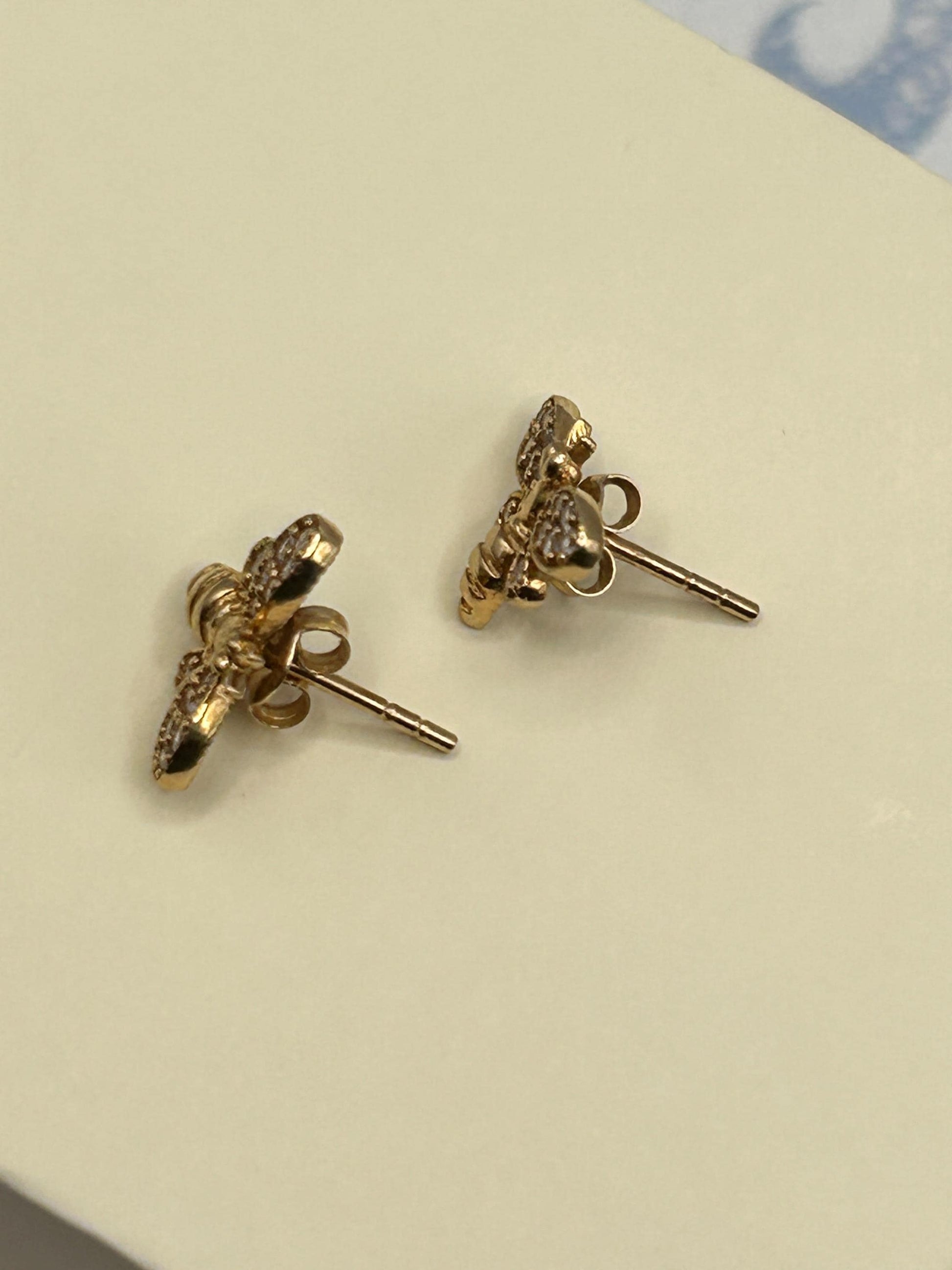 Vintage 18ct Gold Earrings Bee Studs White Stones - Insect Jewellery