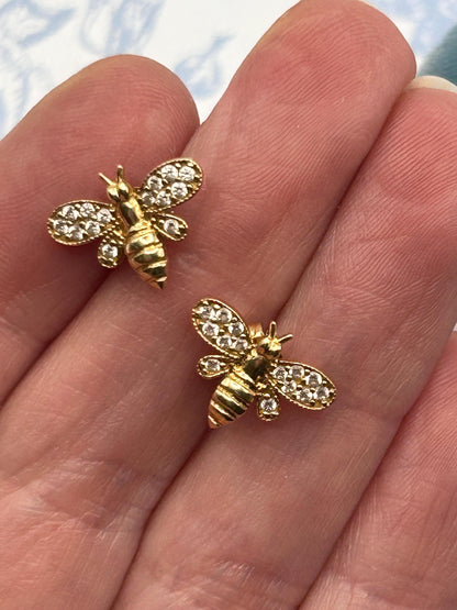 Vintage 18ct Gold Earrings Bee Studs White Stones - Insect Jewellery