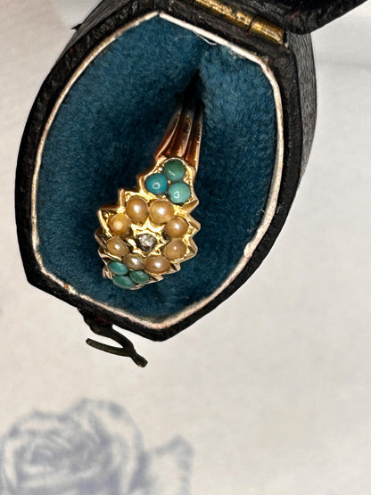 Antique - Rare Victorian 15ct Gold Turquoise and Seed Pearl Rose Cut Diamond Dainty Star Ring