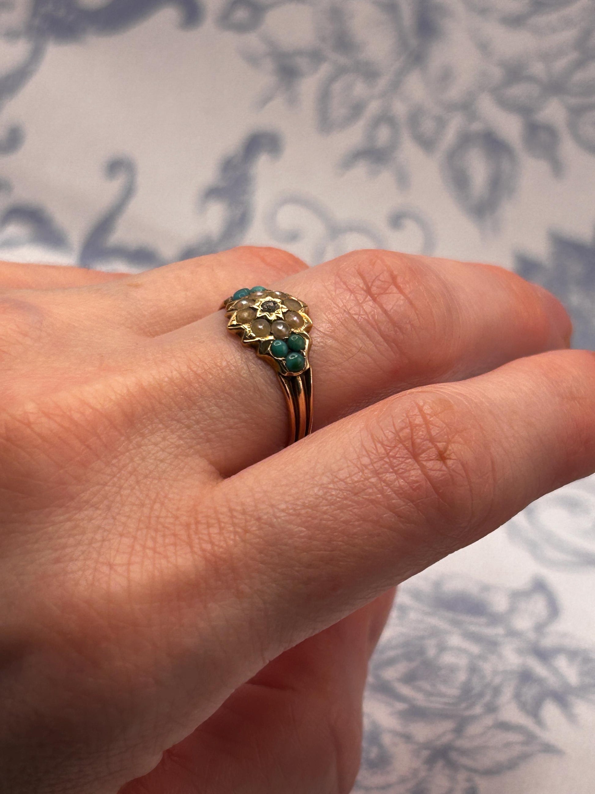 Antique - Rare Victorian 15ct Gold Turquoise and Seed Pearl Rose Cut Diamond Dainty Star Ring