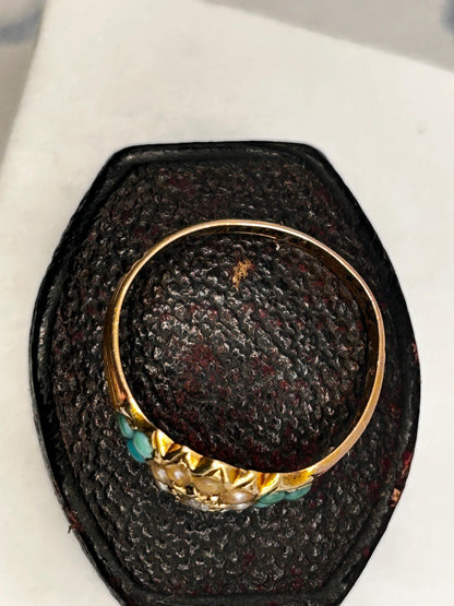 Antique - Rare Victorian 15ct Gold Turquoise and Seed Pearl Rose Cut Diamond Dainty Star Ring