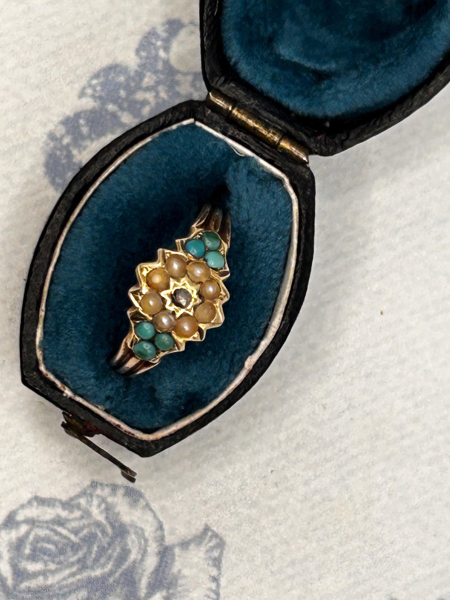 Antique - Rare Victorian 15ct Gold Turquoise and Seed Pearl Rose Cut Diamond Dainty Star Ring