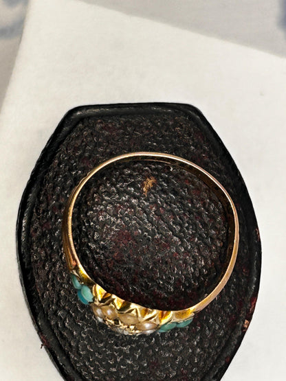 Antique - Rare Victorian 15ct Gold Turquoise and Seed Pearl Rose Cut Diamond Dainty Star Ring